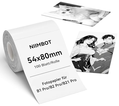 NIIMBOT Etiketten, Fotopapier für B1 Pro B2 Pro B21 Pro Etikettendrucker, Thermopapier Aufkleber Etikettenband für Fotos, Notizen, Memos und DIY, 54 x 80mm 100 Etiketten pro Rolle, Weiß