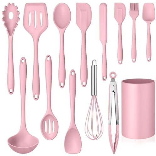 LIANYU 14 Pcs Kitchen Utensils Set, Silicone Cooking Utensils Spatula Set with Holder, Heat Resistant Cookware Tools Includes Spoon Turner Whisk Tong, Dishwasher Safe, Pink