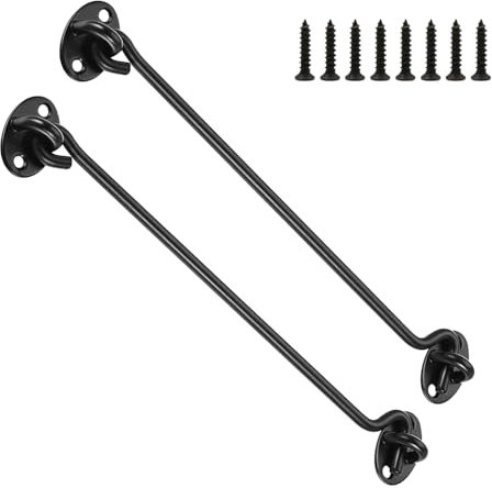 PHMING 2 Stück Sturmhaken Schwarz, Haken mit Öse 300mm, Sturmhaken mit Öse Und Schrauben, Türhaken Verriegelung für Fenstern, Jalousien, Gartenhäuse