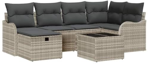vidaXL Garten-Sofa-Set mit Kissen 7 pcs Hellgrau Poly Rattan, Garten und Terrasse, modernes, langlebiges Rattan-Sofa-Set, modulares Möbel für sommerliche Entspannung, wetterfest