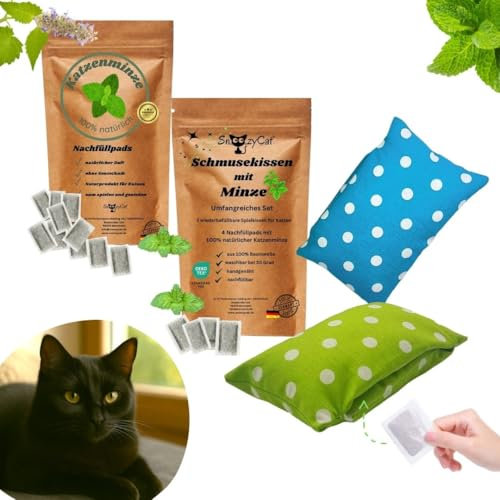 SNOOZYCAT® 2 Stück Katzenkissen + 14 Nachfüllpads mit Katzenminze – Handgemachtes Katzenspielzeug, Oeko-Tex Baumwolle, wiederbefüllbar, natürlich & nachhaltig