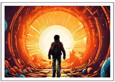 GAEKKO Wandbild 'Der Zeitreisende durchtritt das Tor ins Ungewisse' auf Aluminium mit Bilderrahmen Alu-Dibond Bild 30 x 20 cm
