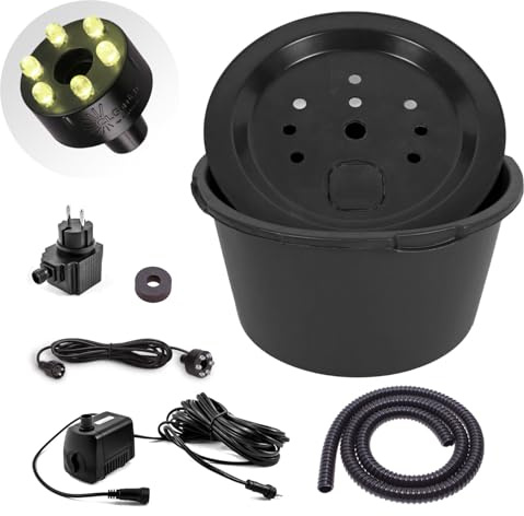 CLGarden Set Springbrunnpumpe SP1 LED warmweiß mit 90l PE Becken GFK Abdeckung Springbrunnenbecken für Gartenbrunnen Wasserspiel DIY 12V Wasserpumpe