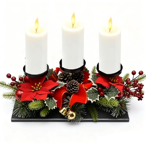 Kerzenhalter Adventskranz 40CM Adventskranz Teelichthalter mit 3 Kerzenhaltern in Schwarz Geschmückt Tannenzapfen roten Beeren für Adventsgesteck, Tischdeko Adventsdeko Weihnachtsdeko