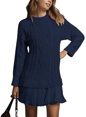 WINKEEY Robe Pull Femme en Maille Torsadée Manches Longues Robe Courte Elégante avec Jupe Plissée en Chiffon, Bleu Marine XL