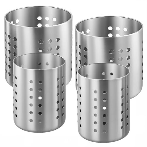 UNGFEI Porta utensili da cucina in acciaio inox, 4 pezzi, grande e medio, color argento, per forchette e cucchiai