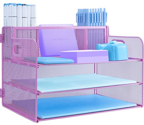 3 Tier Desk Organiser with Handle And Pencil Holder, Pull-out Mesh File Organizer for Desk Letter Tray Organizer Mesh Desk Organiser Tray Paper Storage Rack for A4 File Office Supplie, Pink