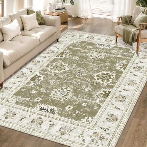 VARIKASHOM Waschbarer Teppich für Dekoration Wohnzimmer, Schlafzimmer, Carpet Room Decor, Florales Vintage-Muster im Shabby-Chic Grün, Weiß, Beige, 140 x 200 cm