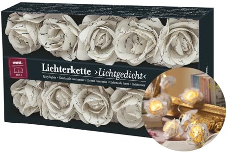 moses. libri_x Lichterkette Lichtgedicht – Fairy Lights mit Buchseiten-Blüten, warm-weiße LEDs mit Timer-Funktion, ca. 1,55 m, dekorative Innenbeleuchtung, Weiß