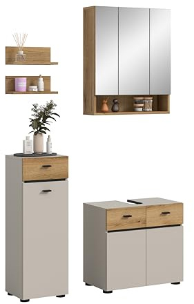 xonox.home – Badkombination Aqua 107x191x35 cm in Kaschmir Melamin – 4-teiliges Set bestehend aus Wandregal, Spiegelschrank, Stand- & Unterschrank – Stilvolle Einrichtungslösung mit viel Stauraum
