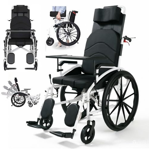 Rollstuhl faltbar leicht mit 180° Liegefunktion, schmaler Pflegerollstuhl für Wohnung Reise, Transportrollstuhl mit abnehmbarer Kopfstütze, bis 150 kg belastbar, gefaltet 90×38×76 cm