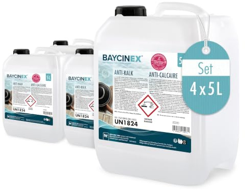 Baycinex Anti-Kalk für Pools 4 x 5 L – Flüssiger Belagsverhinderer zur Vorbeugung von Kalkablagerungen – schützt Pool, Rohrleitungen und Salzelektrolysezelle
