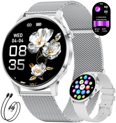 Smartwatch Damen Rund mit Telefonfunktion, 1,32'' AMOLED Fitnessuhr mit 100+ Sportmodi, Herzfrequenz/Schlafmonitor, Uhr Damen mit Whatsapp und Alexa, Elegante Armbanduhr für Samsung/iOS/Android,FV23-E