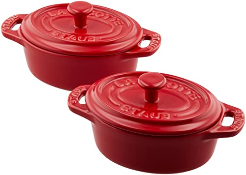 Staub 40511-869 Keramik Oval Mini Cocotte Paar Kirsche 4,3 Zoll (11 cm) 2er Set Hitzebeständig Vorratsdose Mikrowellengeeignet