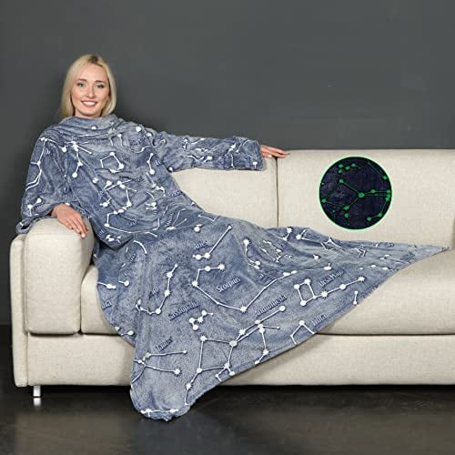 Kanguru Coperta con maniche Glow, soffice plaid in pile che si illumina al buio, Microfibra, con tasca centrale, 180x140cm, regalo donna, uomo, Hoodie per divano, letto, relax, Natale calda, soffice