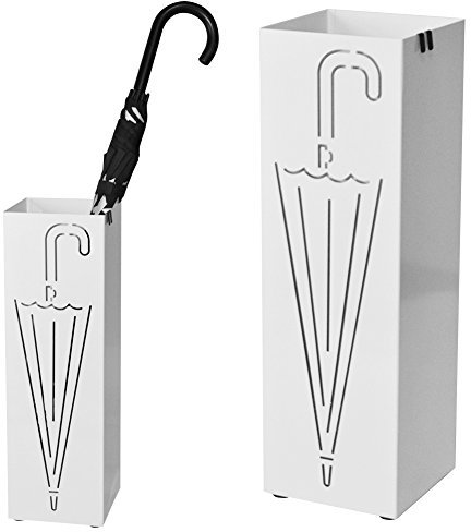 BAKAJI Portaombrelli Stand in Ferro Design BAK3W Forma Quadrata Colore Bianco con Decorazione Intarsio Ombrello Vaschetta Salvagoccia e Ganci per Ombrelli Pieghevoli Dimensioni 49 x 15,5 cm
