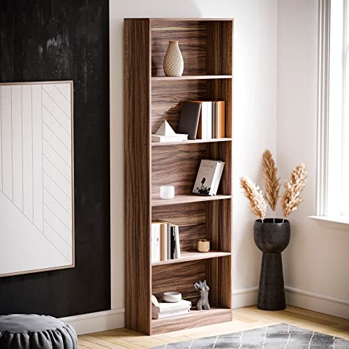Vida Designs Cambridge 5 Tier Extra Large Bookcase, Walnut Wooden Shelving Display Storage Unit Office Living Room Furniture