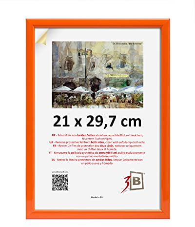 3-B Bilderrahmen ULM 21x29,7 cm (A4) - orange - Holzrahmen, Fotorahmen, Portraitrahmen mit Acrylglas