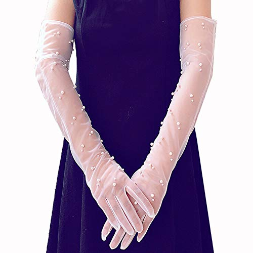 MoreChioce Damen Spitze Handschuhe,Hochzeit Braut Handschuhe Strass Armstulpen Frauen Lange Handschuhe Elastisch Lace Hochzeithandschuhe Hochzeit Party Abend Handschuhe,50cm Perle