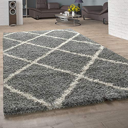 Paco Home Hochflor Teppich Wohnzimmer Shaggy Skandi Modernes Rauten Muster Grau Creme, Grösse:240x340 cm