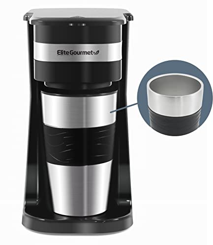 Elite Gourmet EHC111A Personal Single-Serve Compact Coffee Maker Brewer Includes 14Oz. Stainless Steel Interior Thermal Travel Mug, Compatible with Coffee Grounds, Reusable Filter, Black