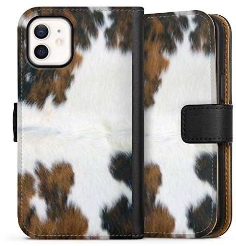 Klapphülle kompatibel mit Apple iPhone 12 Mini Handyhülle aus Kunst Leder schwarz Flip Case Kuhfell Fell Kuh