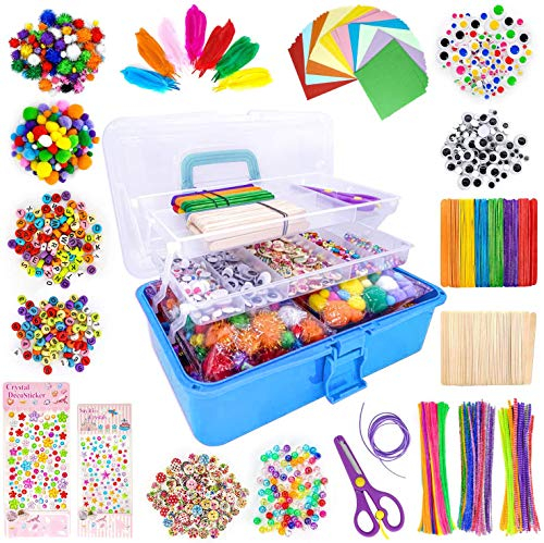 LINAYE Bastelset für Kinder 3500+Pcs Bastelzubehör Bastelmaterial in Faltbare Bastelbox Gehören Bastelpapier Federn Pfeifenreiniger Pompons Basteln für Kinder Junge Mädchen Alter 4 bis 10 (Blau)