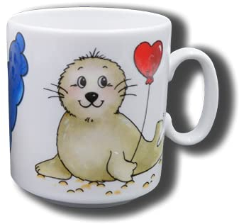 Carstens Keramik® Namenstasse aus Porzellan Seehund Herz, Tasse mit Namen, Robbe Herzluftballon, mit Gravur