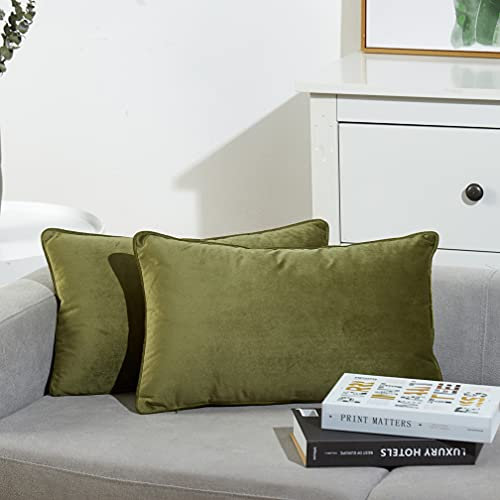JULIYEH 2er Set Samt Kissen 40x60 cm mit Einfarbig Weihnachten Kissenbezug Zierkissen Kissenhülle mit Kedernaht Dekorative Kissenbezüge Sofa Kissenbezug Dekokissen für Sofa Olivgrün
