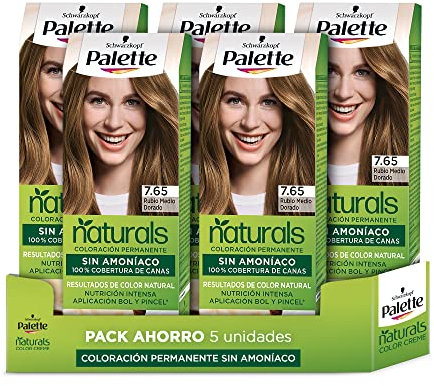 Schwarzkopf Palette Naturals - Tinte 7.65 Rubio Medio Dorado - Coloración Permanente Sin Amoníaco- Resultados de Color Natural (Pack de 5)