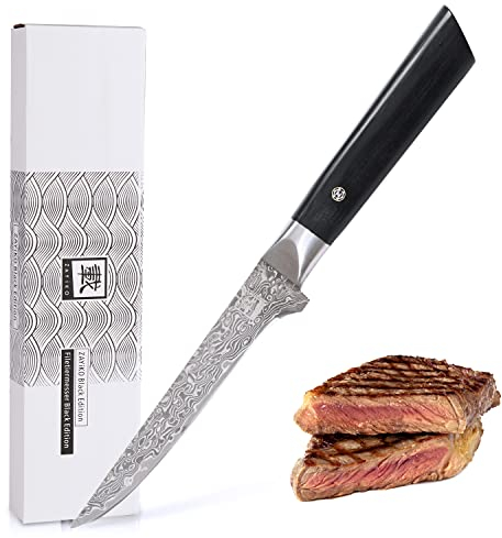 zayiko Black Edition Damastmesser Filetiermesser Ausbeinmesser | 14 cm Klinge aus 67 Lagen VG10 Damaststahl | Pakkaholzgriff | Küchenmesser zum Entbeinen & Parieren von Fleisch | edle Geschenkbox