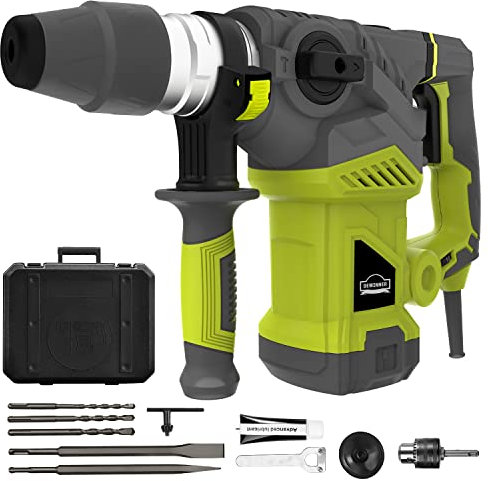 Rotary Hammer Drill,DEWINNER SDS Plus Vibration Control and Safety Clutch, 1500W Heavy Duty, Including 3 Drill Bits,Flat Chisels, Point Chisels, Drill Chuck, 360°Rotating Handle, with Carrying Case