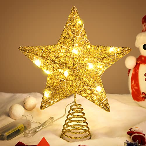 WHOLEV Estrella Superior De árbol De Navidad Dorada, 20CM, 15 Luces LED para Decoraciones De El Hogar