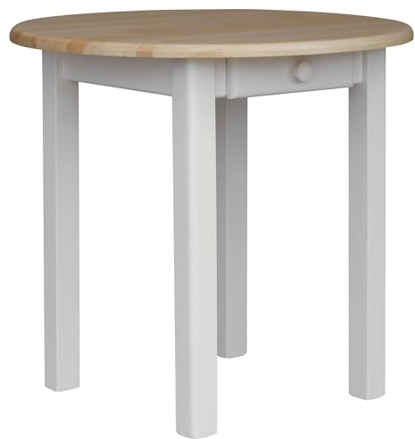 k koma Runder Kiefer Tisch Esstisch Holz Küchentisch massiv weiß Schublade Landhausstil Kiefer Lackiert (80 cm)