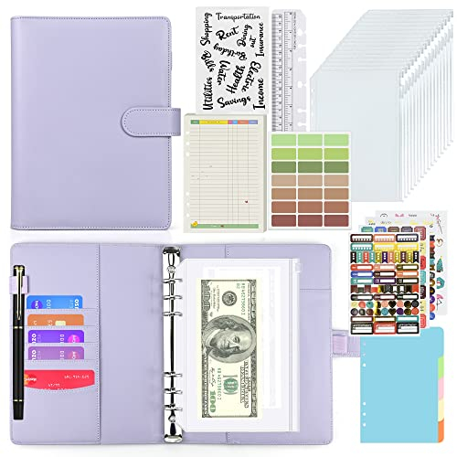 A5 Binder Notizbuch Set, PU Leder Loseblatt Notizbuchmit 12 Pcs Binder Taschen, 45 Budget-Beilagen, Etikettenaufkleber, Lineal und 5 Farbige Binder-Teiler, Für Financial Planner, Geldsparen(Purpur)