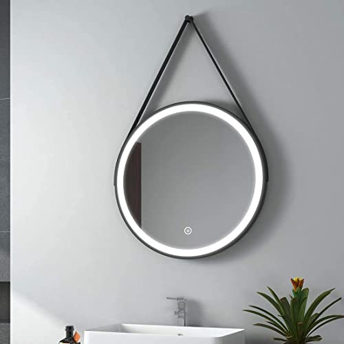 EMKE Miroir Salle de Bain Rond avec Eclairage 60 cm,Cadre Noir et bandoulière réglable,6500K Luminosité réglable,Miroir Lumineux Salle de Bain Fonction Mémoire