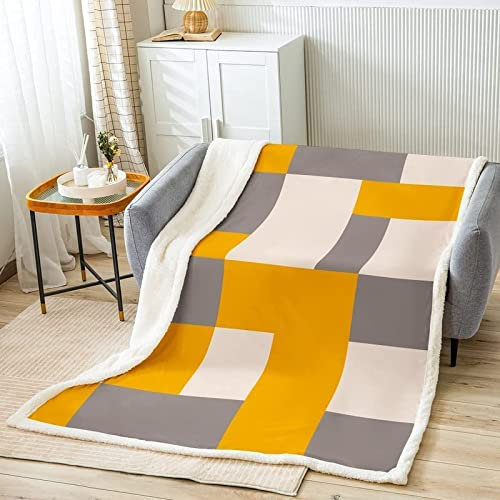 Kuscheldecke 120x150 cm 3D Geometrische Muster, Wolldecke Gelb Grau Flauschige Fleecedecke, Warme Sherpa Decke Wohndecke Sofadecke, für Tagesdecke Blanket Couchdecke