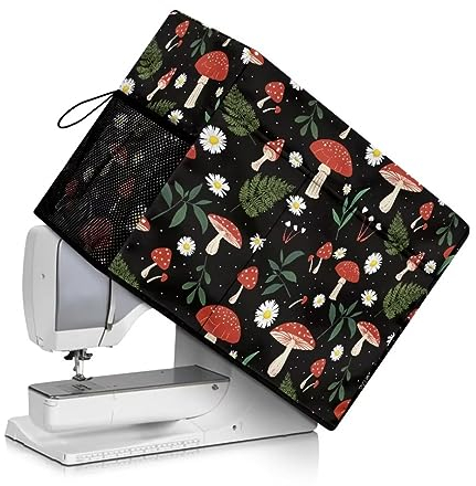Jeiento Nähmaschinen-Abdeckung, Staubschutz mit Nähutensilien-Taschen, Nähmaschinen-Aufbewahrungsabdeckung, Nähzubehör, Roter Pilz, weißes Gänseblümchen, Beauty Case