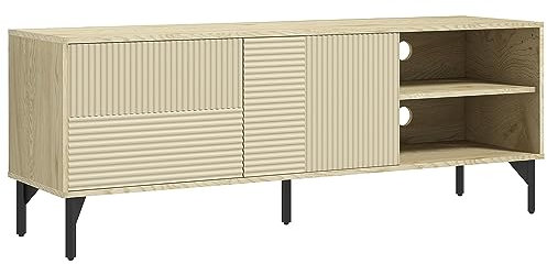 HOMCOM Meuble TV Banc TV Support de télévision jusqu'à 65 Pouces avec 2 niches 2 Passe-câbles et 1 Placard 2 Portes piètement Acier - 150 x 40 x 56 cm Jaune Noir
