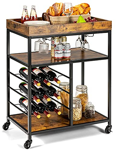 COSTWAY Mueble Bar Industrial, Carrito de Servicio de 3 Pisos con Botellero para 9 Botellas, Portavasos para 8 Copas, Carro de Cocina Casa Bar, 71 x 44 x 93,5 cm