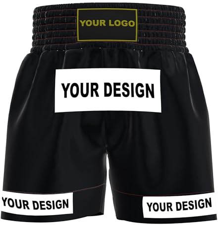 EmoBug Amata Boxing Style 1 Customized Muay Thai Shorts Custom Fight Clothing MMA Gear Kick Outfit Men Women Kids Adult Boy Girl (M, Black)