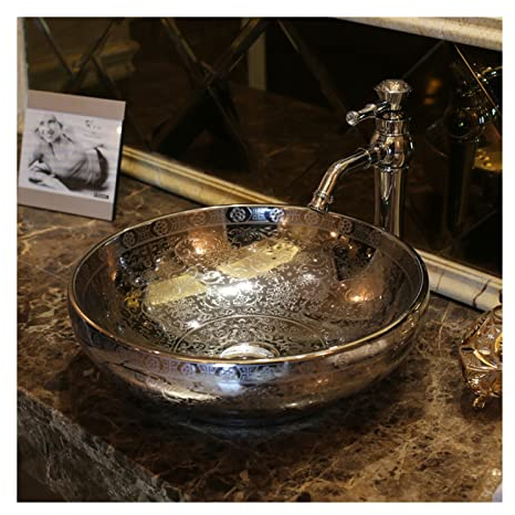 WAOCEO Waschschalen Waschbecken Handgefertigtes Keramik-Badezimmergefäß im Vintage-Stil, luxuriöses, geprägtes, künstlerisches Kunstwaschbecken aus Silber Aufsatzwaschbecken