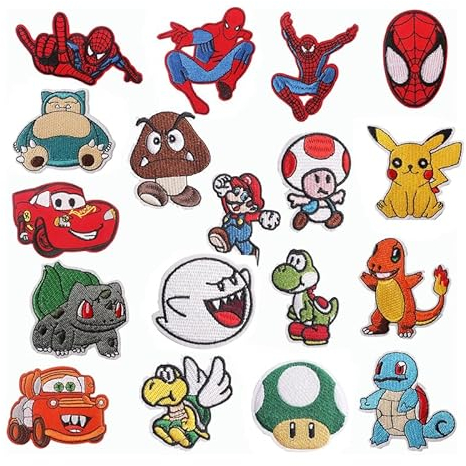 18 Stück Verschiedene Cartoon Junge Patches zum Aufbügeln, Anime Bestickte Aufnäher, Aufnähen Bügelbilder Set,Sewing Applique,Flicken zum Aufbügeln,Applikation,Textilien Bügelflicken für DIY Kleidung