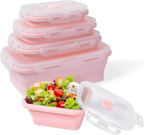Esie Houzie Food Storage Containers with Lids, Silicone Collapsible Food Containers Reusable Space Saving Kitchen Storage Containers for Kitchen Camping Picnic School Office(350/500/800/1200ML)