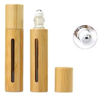 pistro 10/30/50/100 Pcs Bamboo Roll-on Bottles 5/10/15ml Essential Oils Portable Refillable Perfume Bottle with Stainless Steel Roller Ball Travel-Friendly Container Set, bamboo wood, no gemstone