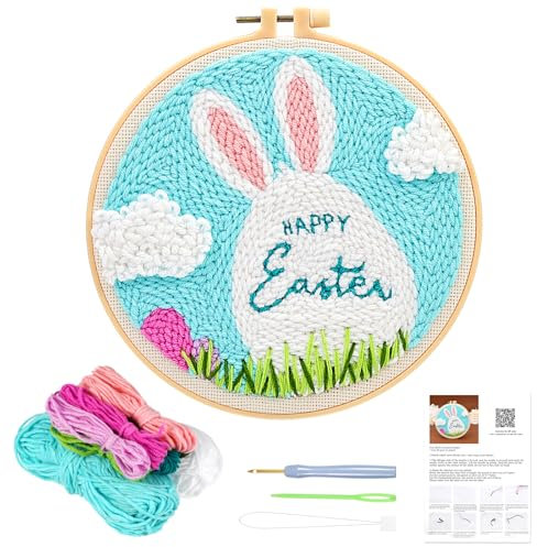 JSRQT Punch Needle Set Ostern Hase Ostereier Stanznadel Stickerei Starter Kit Kit Punch Needle Debutant Embroidery Starter Kit für Anfänger Erwachsene Kit Broderie Debutant DIY Stanznadel Stickrahmen