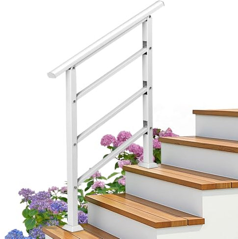 Outopee Adjustable Outdoor Handrail, Wrought Iron Exterior Handrail, Fit 1 to 3 Steps Stair Railing, Banister with Installation Kit for Stairs, Garden, House Entrance, Backyard, White
