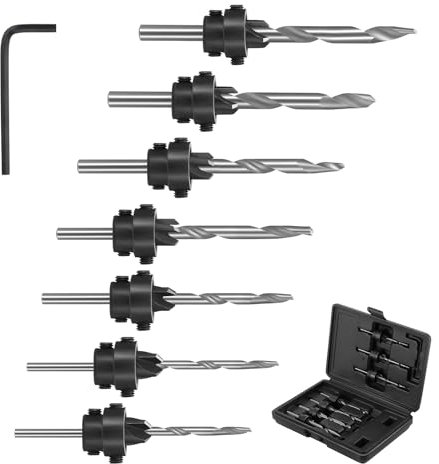 Faankiton 7 Piezas Juego de Brocas Avellanadoras, Herramienta de Chaflán de Madera, Broca Avellanadora Madera, Juego de Taladro de Cono avellanado, Brocas Biseladas Ajustables con Llave Hexagonal