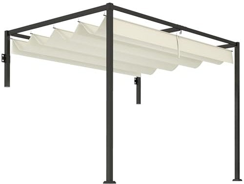 Outsunny Pérgola con Techo Retráctil Pérgola de Pared 3x2 m Cenador con Tela de Poliéster Resistente al Agua Pabellón para Jardín Patio Terraza Exterior Crema