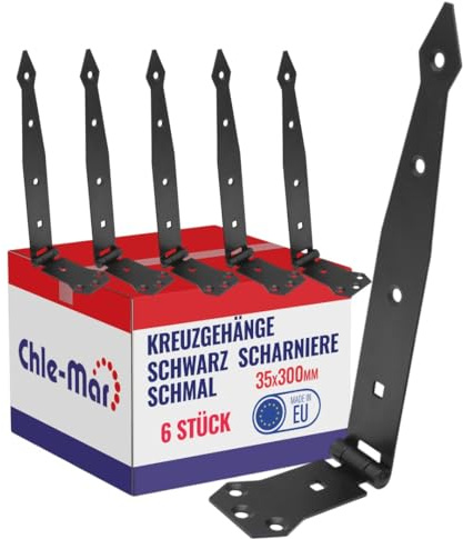 Chle-Mar 6x Schmale Scharniere Schwerlast für Holztüren 35x300mm Wetterfest | Stabiles Gartentor Scharnier, Robustes Ladenband für Türen & Möbel, Schwarzes Tor Scharnier, Kreuzgehänge Langlebig